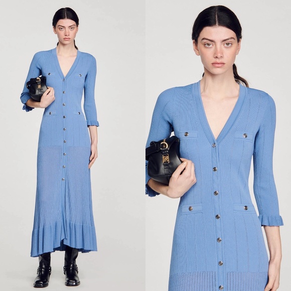 Sandro Ellis crochet trim knit long sleeve midi dress - Picture 1 of 6